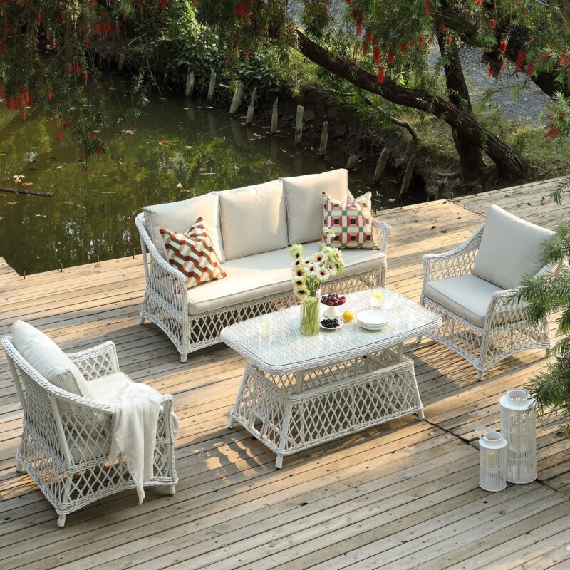 Willowbrook Lattice Weave Rattan 5-Seater Sofa Set with Rising Table, White - Image 6