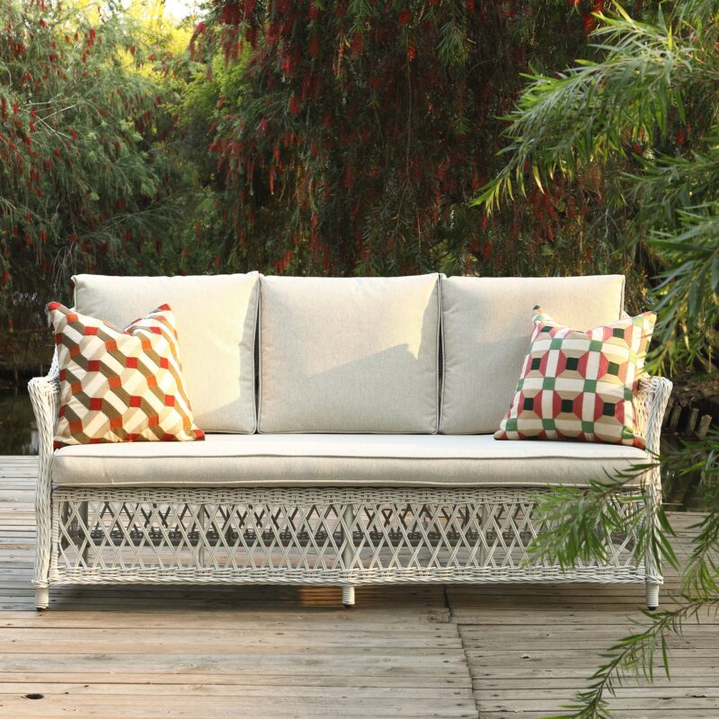 Willowbrook Lattice Weave Rattan 5-Seater Sofa Set with Rising Table, White - Image 7