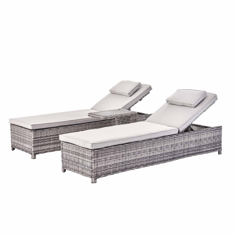 Hampshire Round Wicker Rattan Sun Lounger Set with Side Table, Light Grey - Image 4
