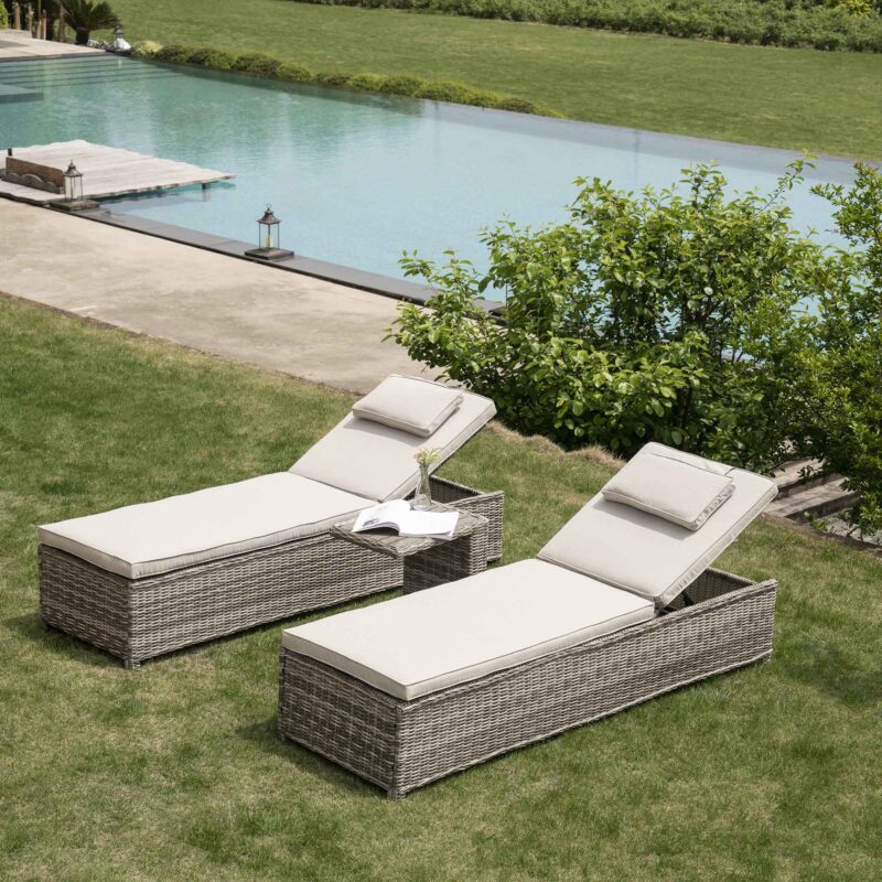 Hampshire Round Wicker Rattan Sun Lounger Set with Side Table, Light Grey