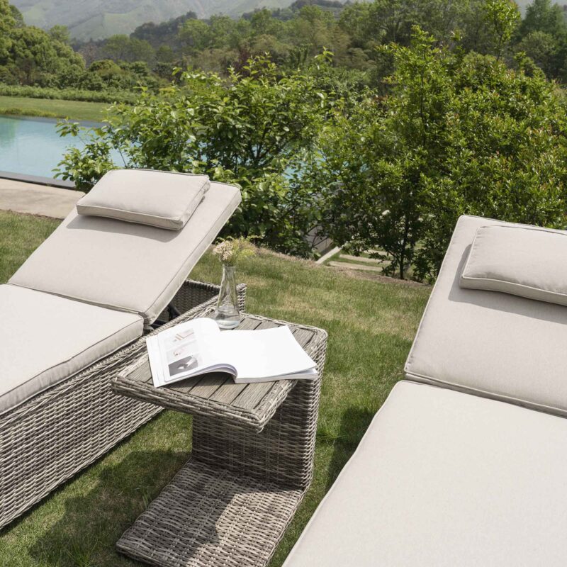 Hampshire Round Wicker Rattan Sun Lounger Set with Side Table, Light Grey - Image 2