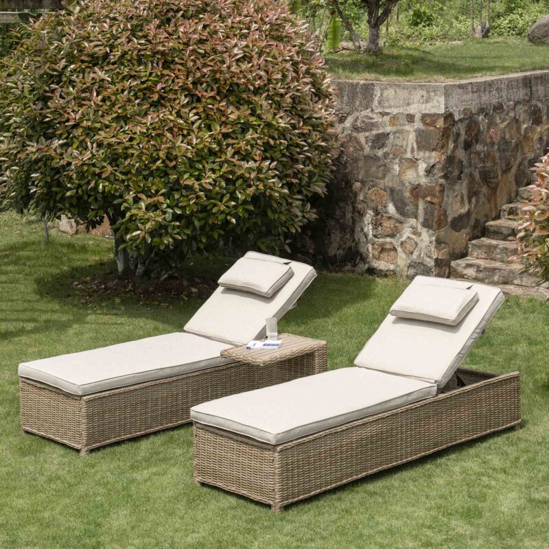 Hampshire Round Wicker Rattan Sun Lounger Set with Side Table, Natural - Image 2