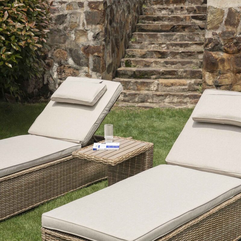 Hampshire Round Wicker Rattan Sun Lounger Set with Side Table, Natural - Image 3