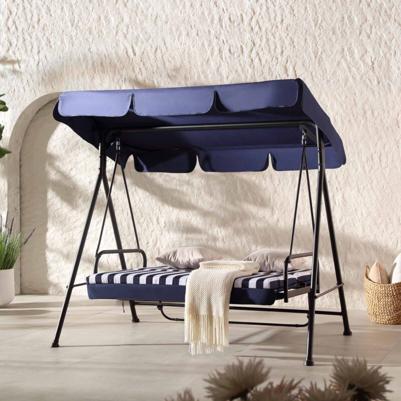 Champneys Outdoor Reclining Swing with Canopy, Blue Striped - Image 2