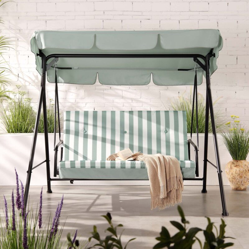 Champneys Outdoor Reclining Swing with Canopy, Sage Green Striped - Image 2