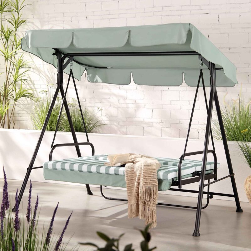 Champneys Outdoor Reclining Swing with Canopy, Sage Green Striped - Image 3