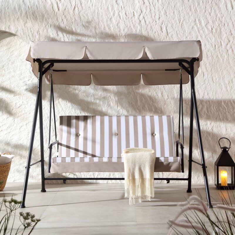Champneys Outdoor Reclining Swing with Canopy, Taupe Striped - Image 2