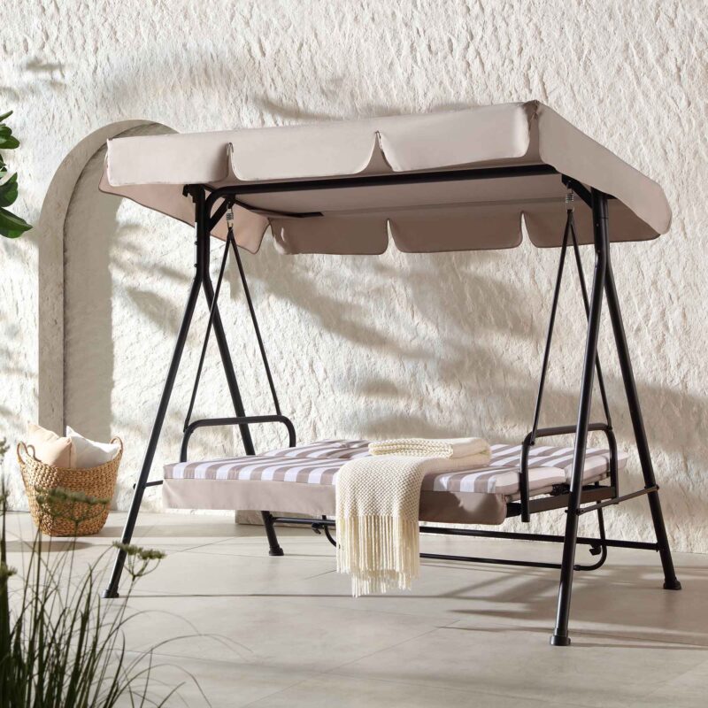 Champneys Outdoor Reclining Swing with Canopy, Taupe Striped - Image 3