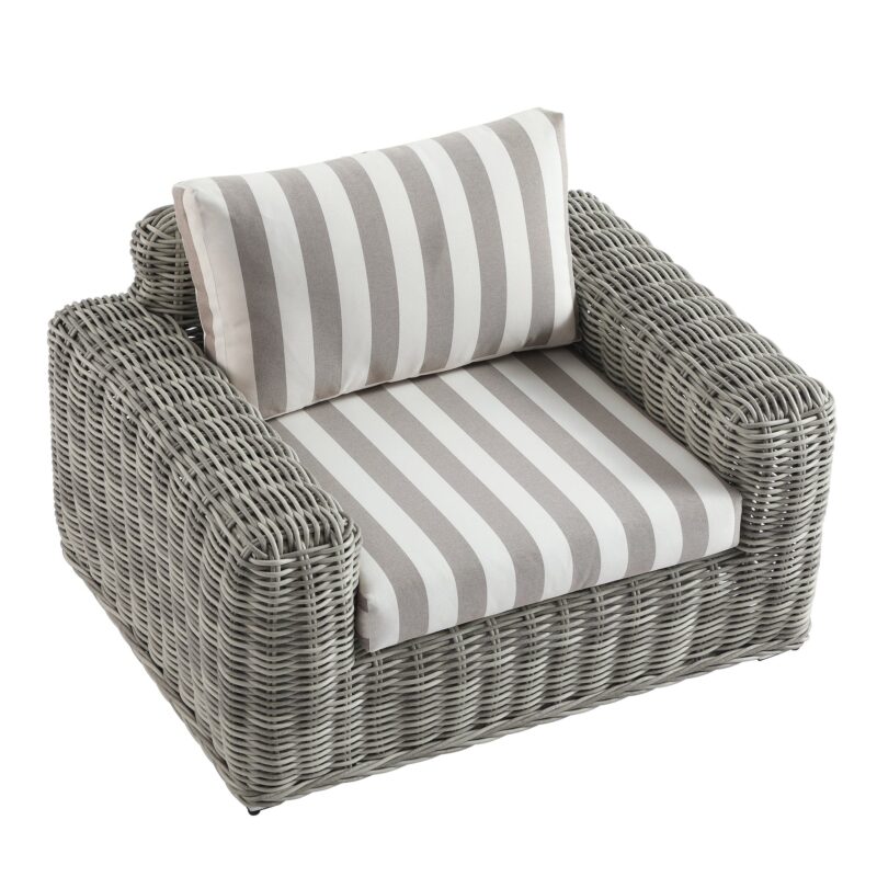 Bellagio Round Wicker Outdoor 1-Seater Sofa, Light Grey with Taupe Stripes - Image 9
