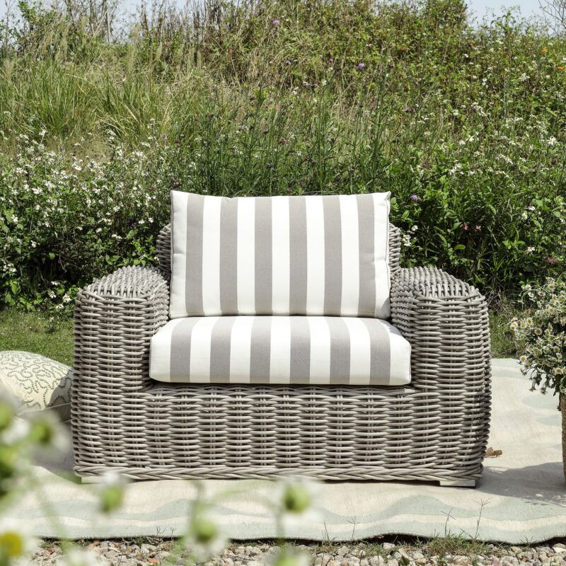 Bellagio Round Wicker Outdoor 1-Seater Sofa, Light Grey with Taupe Stripes - Image 2