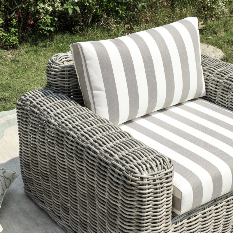 Bellagio Round Wicker Outdoor 1-Seater Sofa, Light Grey with Taupe Stripes - Image 3