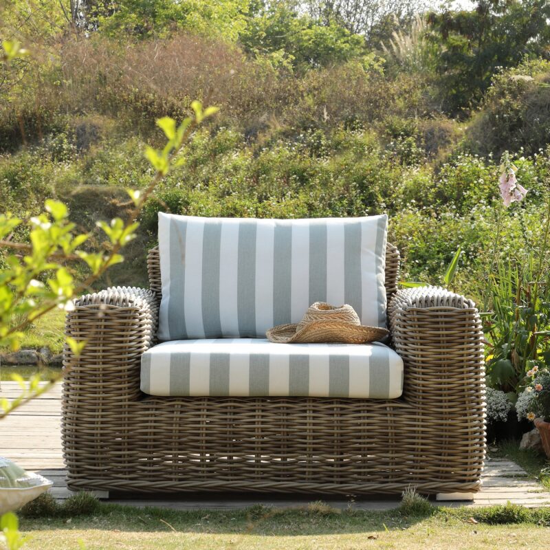 Bellagio Round Wicker Outdoor 1-Seater Sofa, Natural with Sage Stripes - Image 2