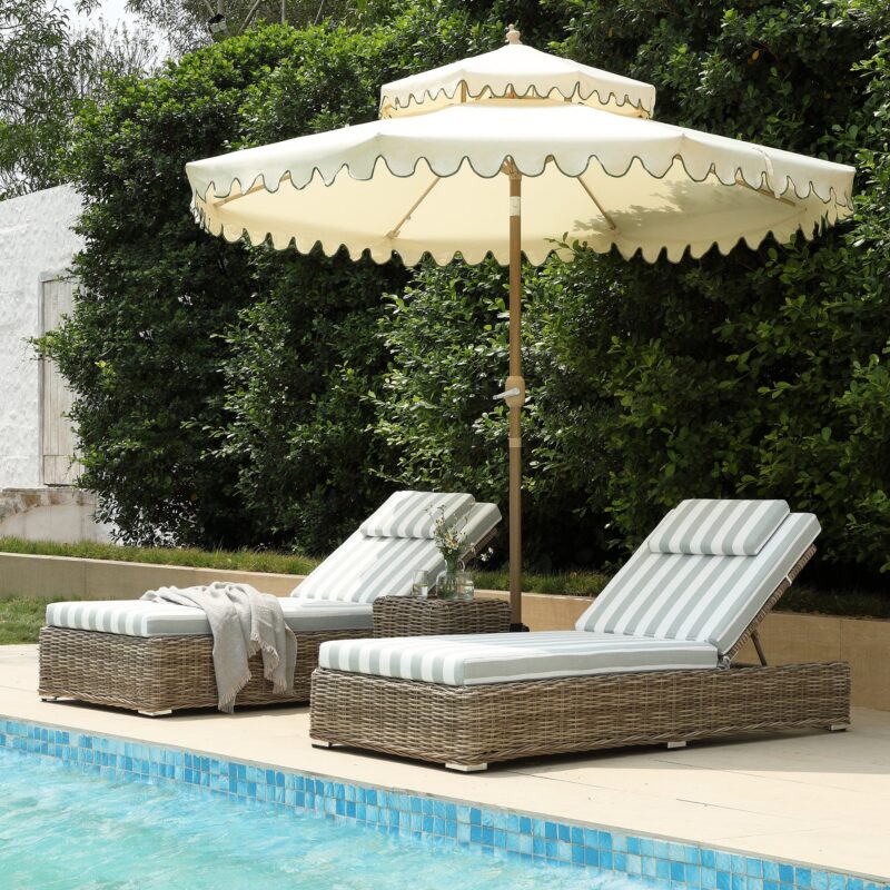Bellagio Round Wicker Sun Lounger with Headrest, Natural with Sage Stripes - Image 2