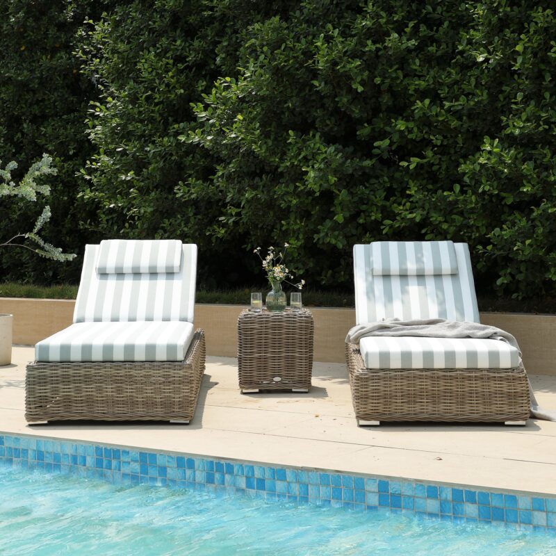 Bellagio Round Wicker Sun Lounger with Headrest, Natural with Sage Stripes - Image 3