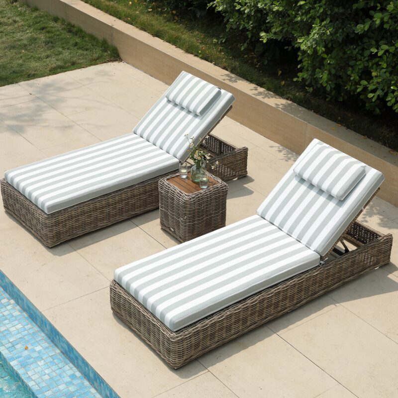 Bellagio Round Wicker Sun Lounger with Headrest, Natural with Sage Stripes - Image 4