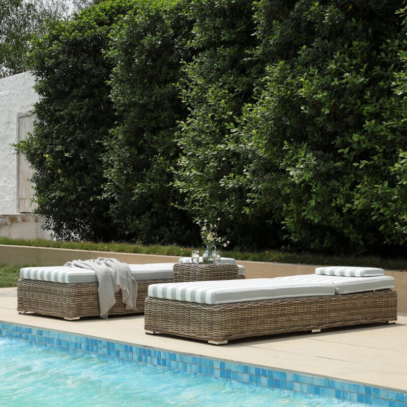 Bellagio Round Wicker Sun Lounger with Headrest, Natural with Sage Stripes - Image 5