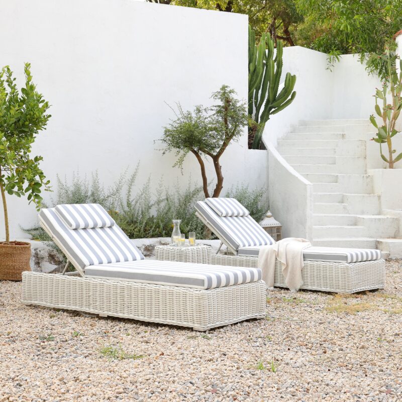 Bellagio Round Wicker Sun Lounger with Headrest, White with Blue Stripes - Image 3