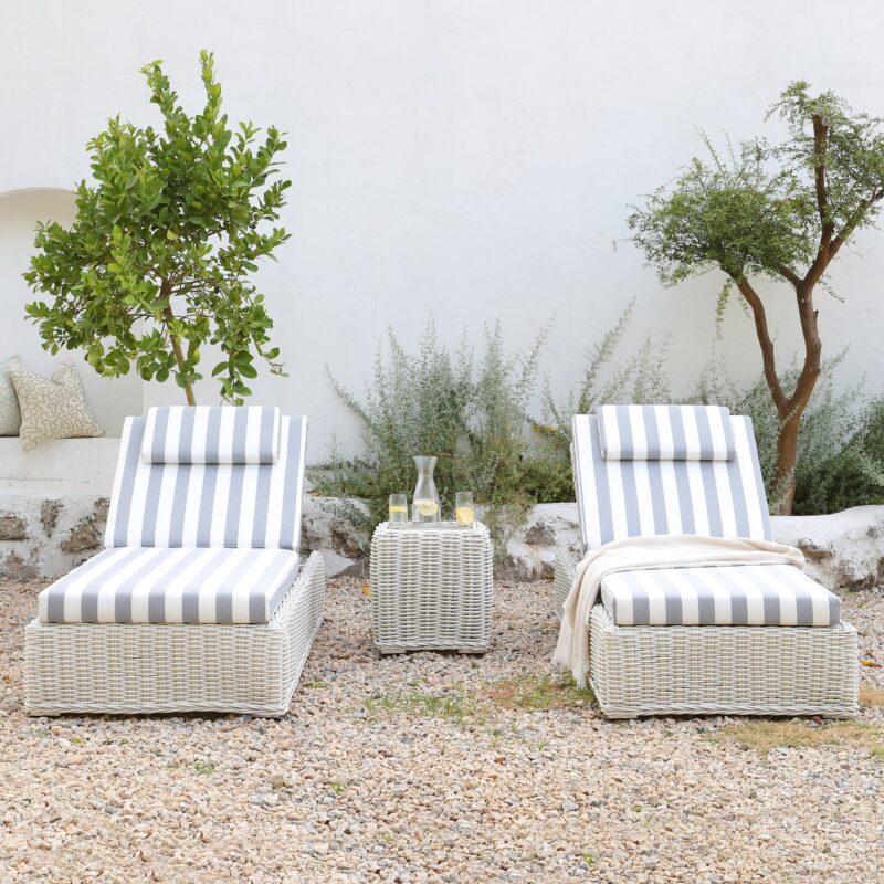 Bellagio Round Wicker Sun Lounger with Headrest, White with Blue Stripes - Image 4
