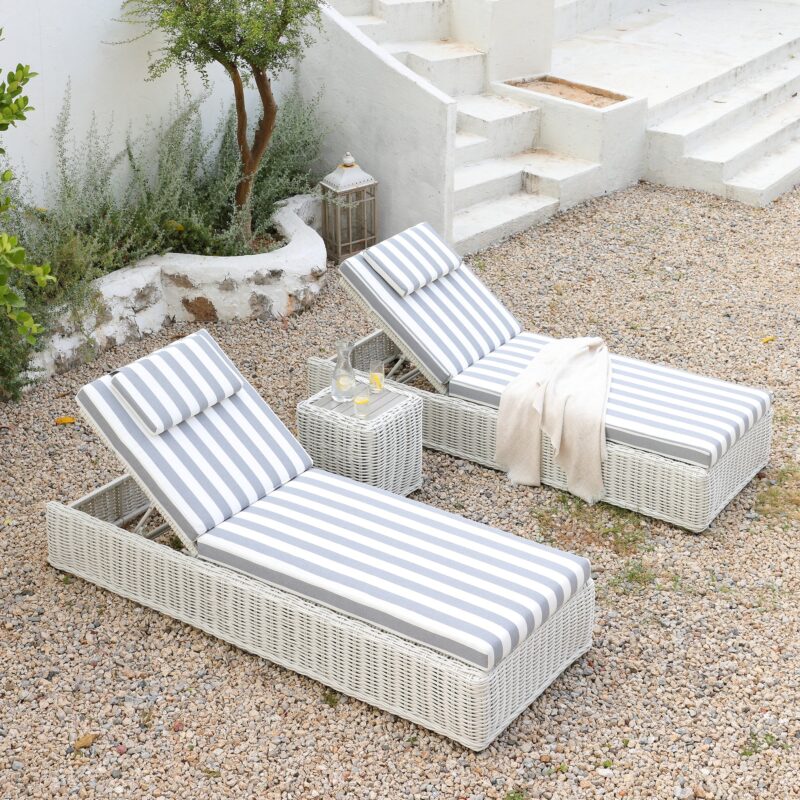 Bellagio Round Wicker Sun Lounger with Headrest, White with Blue Stripes - Image 5