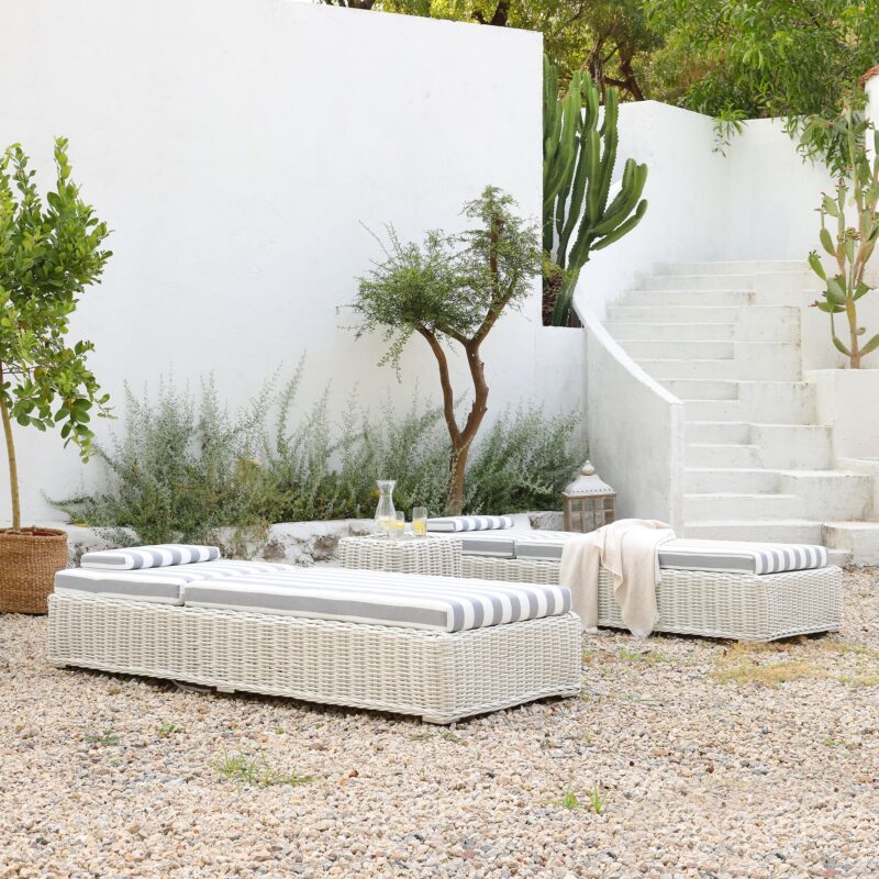 Bellagio Round Wicker Sun Lounger with Headrest, White with Blue Stripes - Image 6