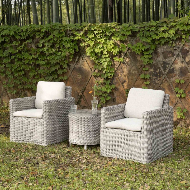 Bellagio Round Wicker Bistro Set with Rising Side Table, Light Grey - Image 2