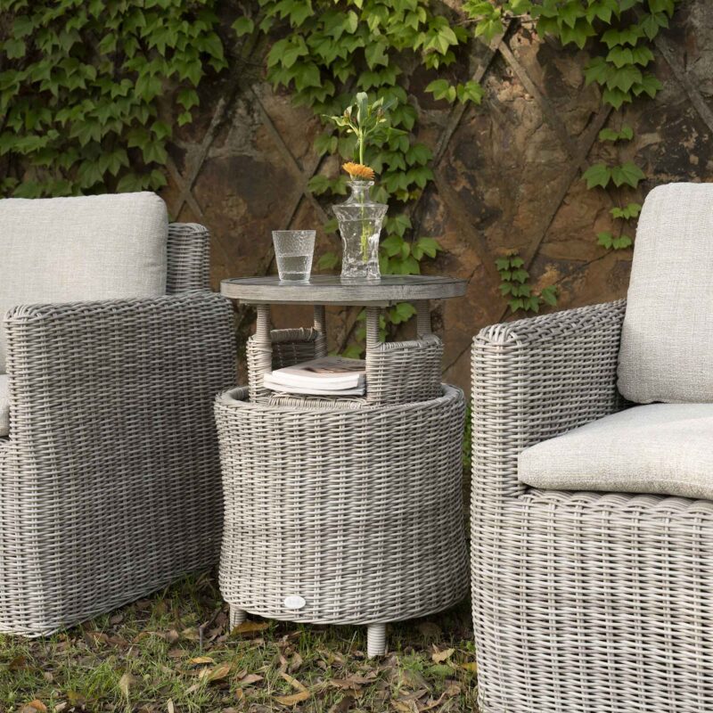 Bellagio Round Wicker Bistro Set with Rising Side Table, Light Grey - Image 4