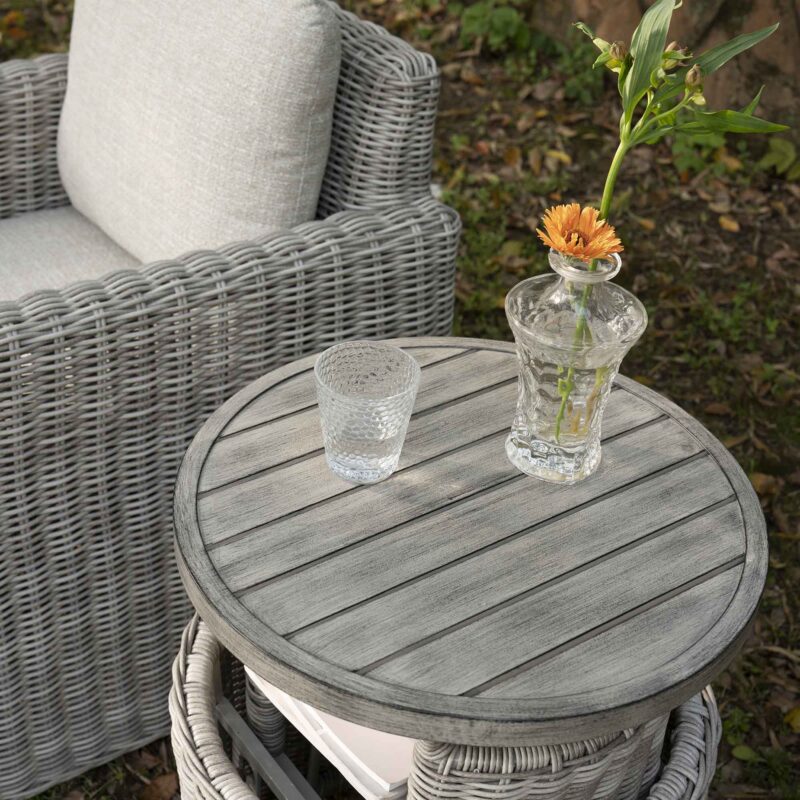 Bellagio Round Wicker Bistro Set with Rising Side Table, Light Grey - Image 5