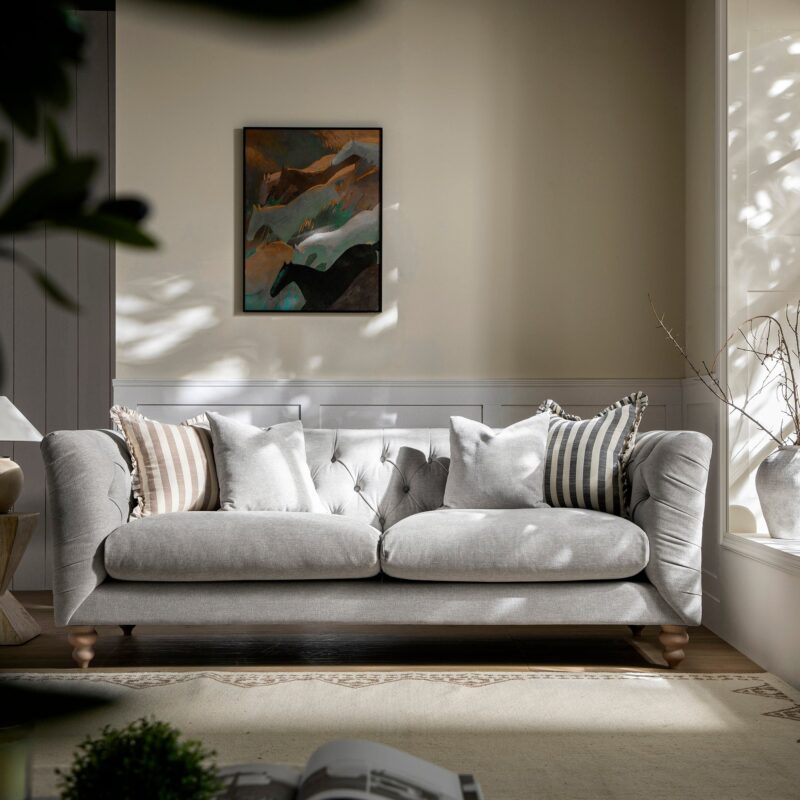 Ashby Chesterfield Large 3-Seater Sofa, Mist Grey Chenille - Image 2