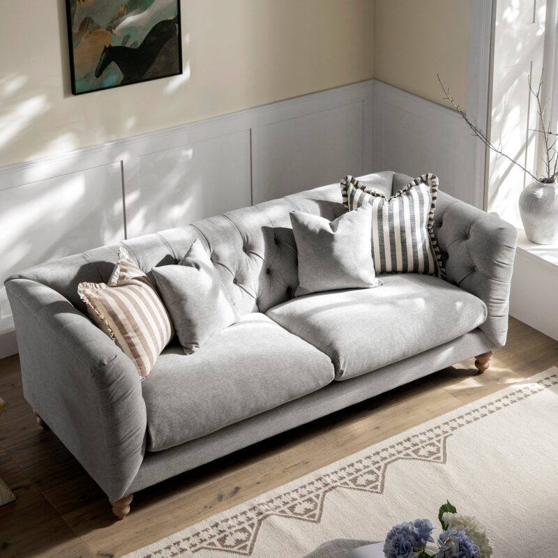 Ashby Chesterfield Large 3-Seater Sofa, Mist Grey Chenille - Image 3
