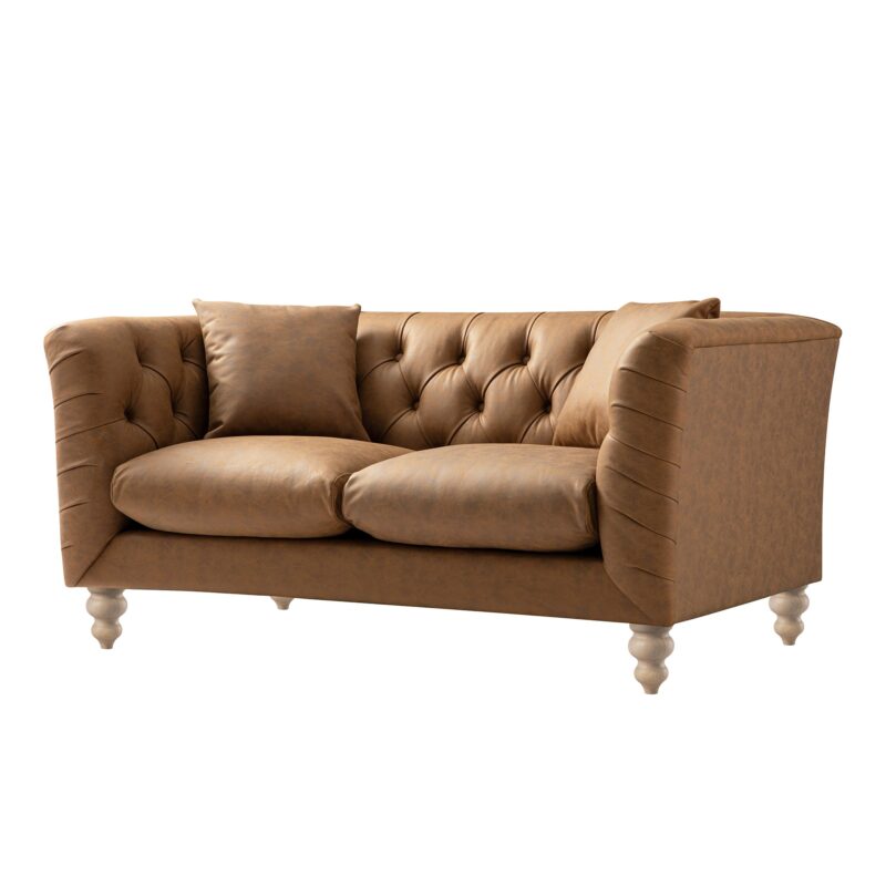 Ashby Chesterfield 2-Seater Sofa, Tan Faux Leather - Image 2