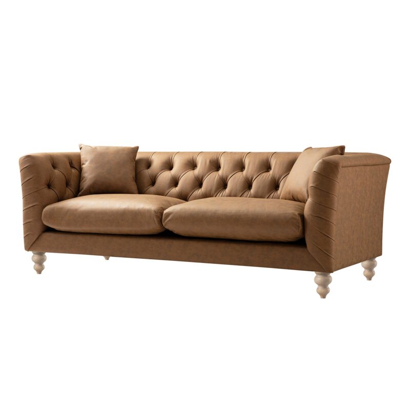 Ashby Chesterfield Large 3-Seater Sofa, Tan Faux Leather - Image 2