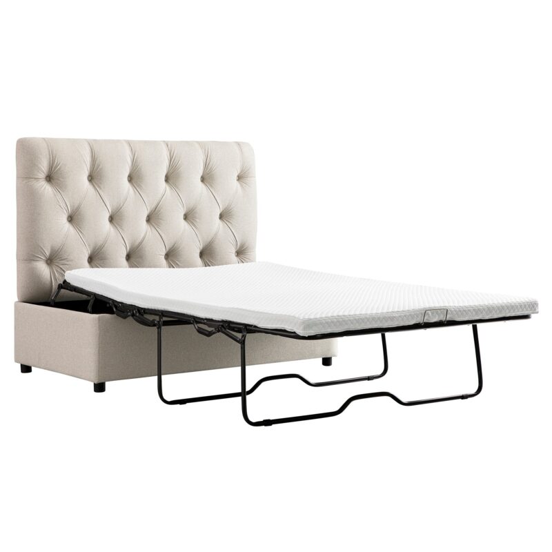 Portland Small Double Buttoned Fold-Out Bed in Ottoman, Beige Woven Fabric - Image 2