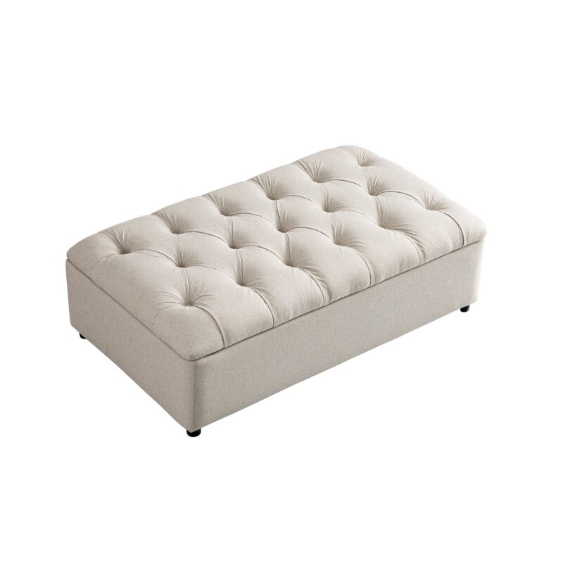 Portland Small Double Buttoned Fold-Out Bed in Ottoman, Beige Woven Fabric - Image 6