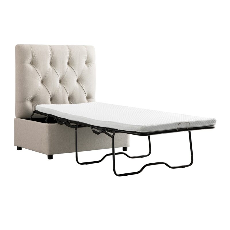 Portland Single Buttoned Fold-Out Bed in Ottoman, Beige Woven Fabric - Image 2