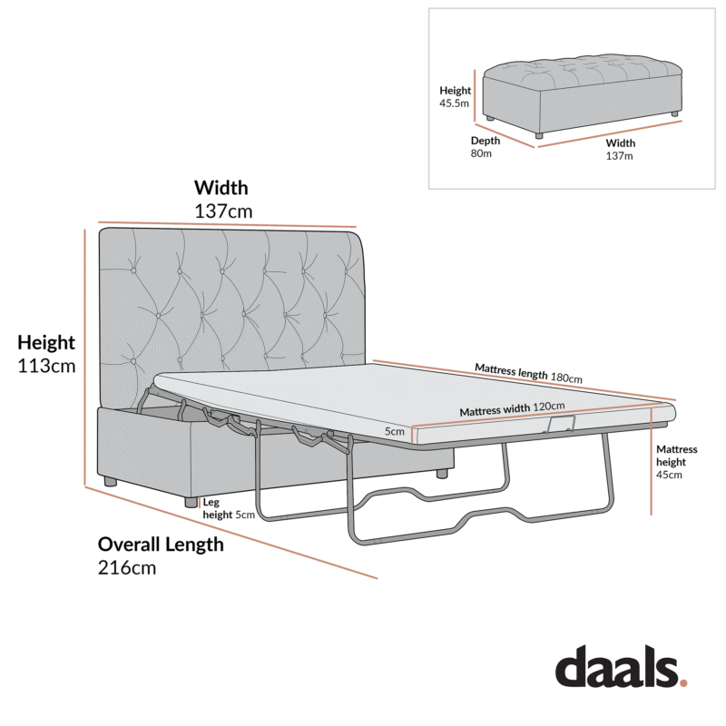 Portland Small Double Buttoned Fold-Out Bed in Ottoman, Tan Faux Suede - Image 3