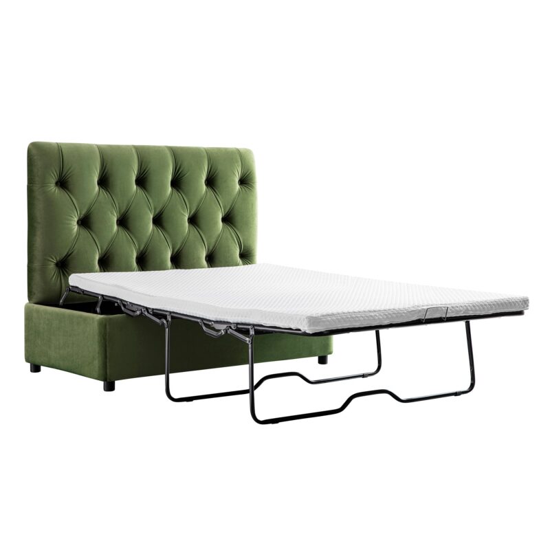 Portland Small Double Buttoned Fold-Out Bed in Ottoman, Moss Green Velvet - Image 2