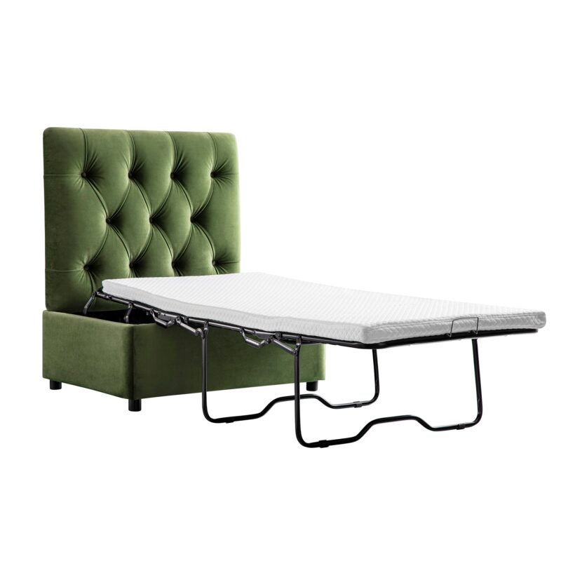 Portland Single Buttoned Fold-Out Bed in Ottoman, Moss Green Velvet - Image 2