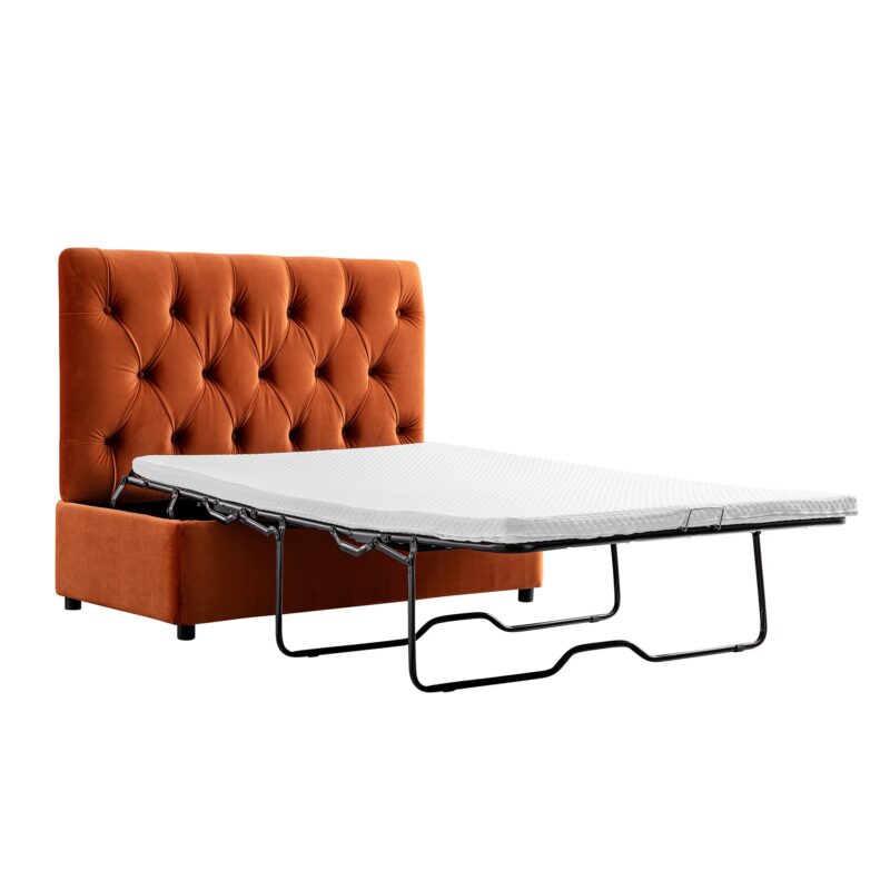 Portland Small Double Buttoned Fold-Out Bed in Ottoman, Rust Velvet - Image 2