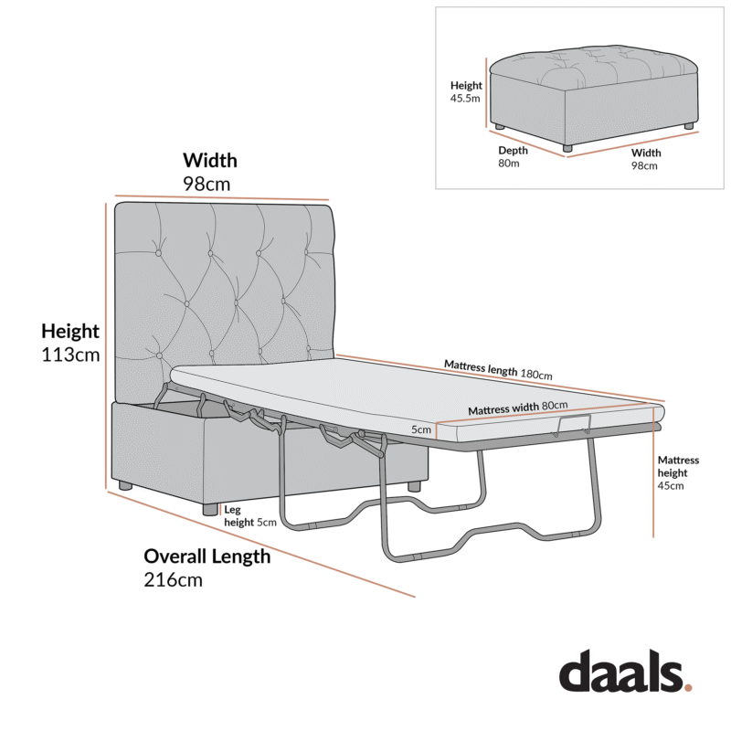 Portland Single Buttoned Fold-Out Bed in Ottoman, Rust Velvet - Image 3