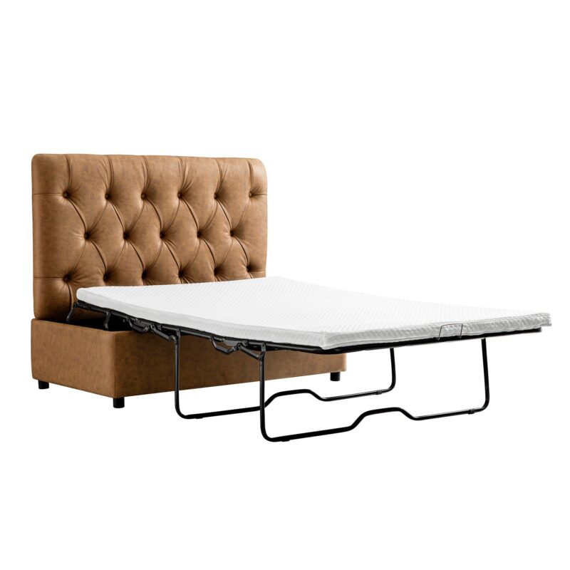 Portland Small Double Buttoned Fold-Out Bed in Ottoman, Tan Faux Suede - Image 2
