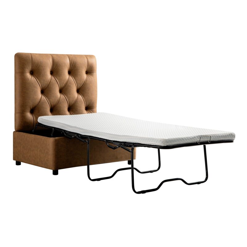 Portland Single Buttoned Fold-Out Bed in Ottoman, Tan Faux Suede - Image 2