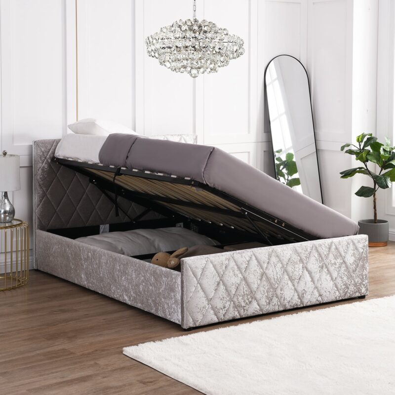 Hayden Crushed Velvet Side Lift Storage Ottoman Upholstered Bed Frame Silver - Image 2