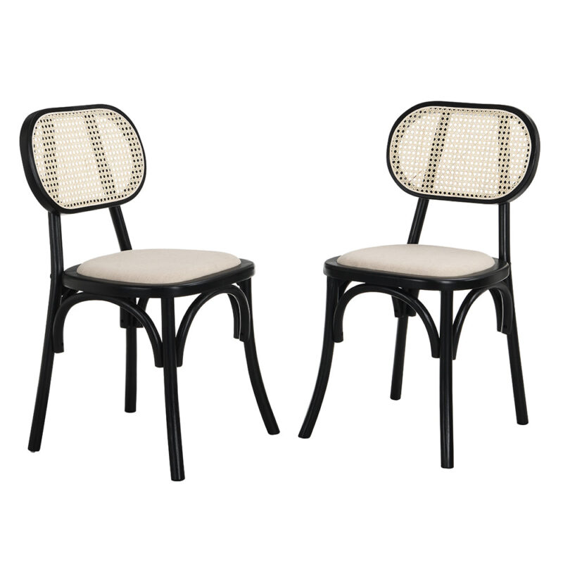 Anya Set of 2 Cane Rattan and Upholstered Dining Chairs, Black Colour - Image 2