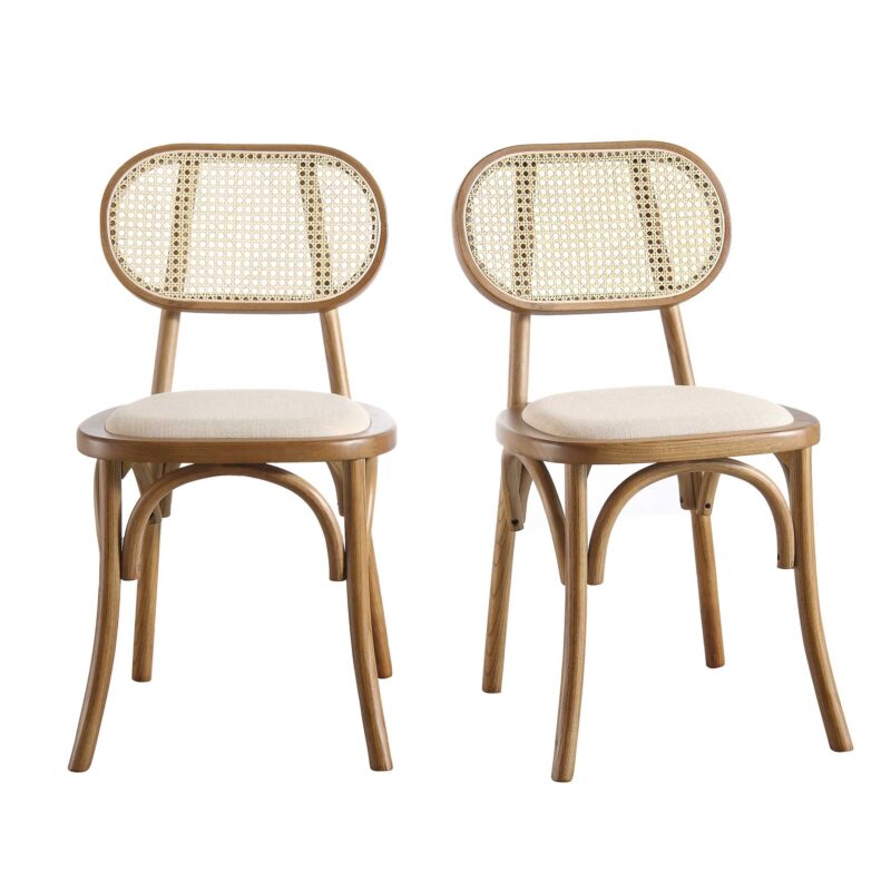 Anya Set of 2 Cane Rattan and Upholstered Dining Chairs, Light Walnut - Image 3