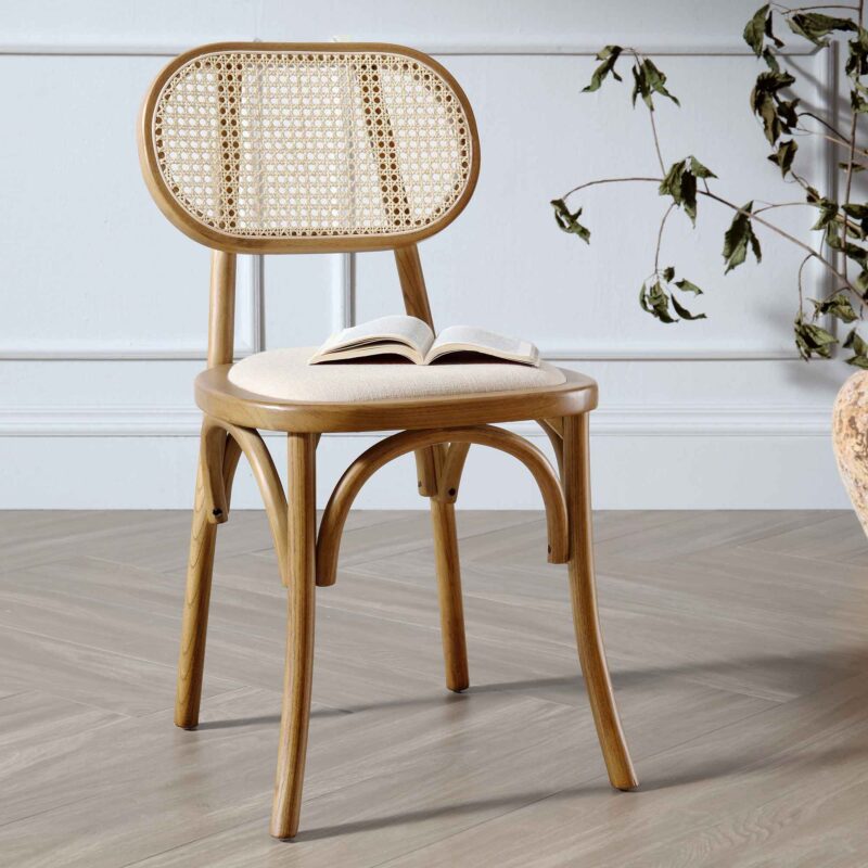 Anya Set of 2 Cane Rattan and Upholstered Dining Chairs, Light Walnut - Image 2