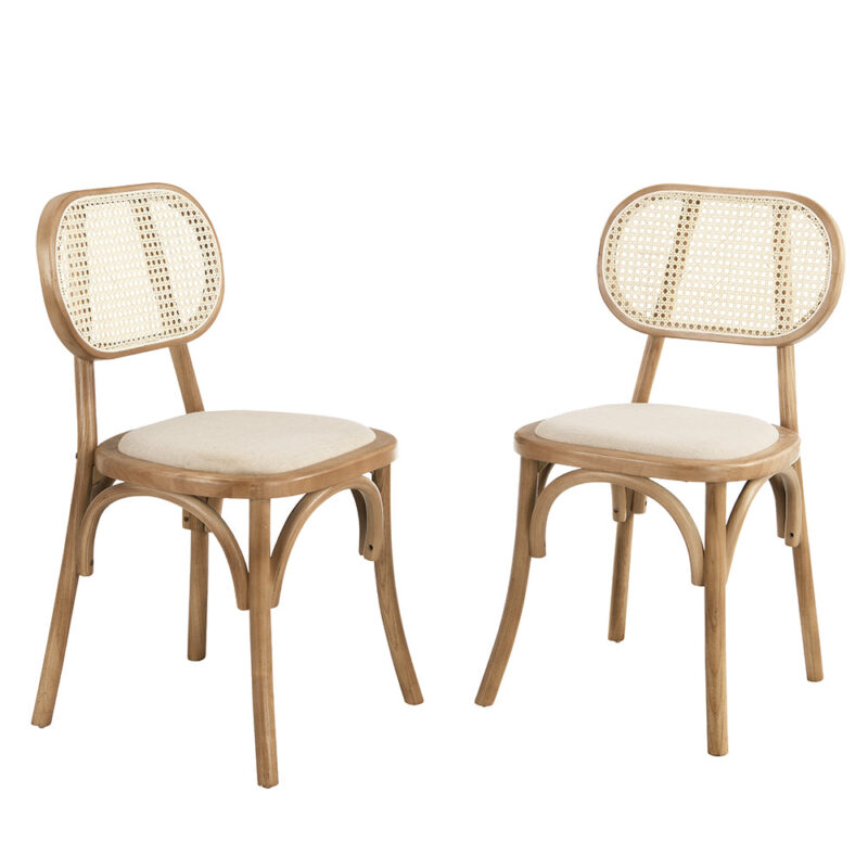 Anya Set of 2 Cane Rattan and Upholstered Dining Chairs, Natural Colour - Image 2