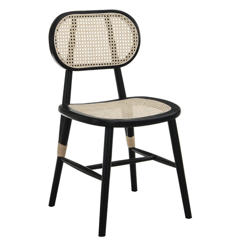 Anya+ Set of 2 Cane Rattan and Upholstered Dining Chairs, Black Colour - Image 3
