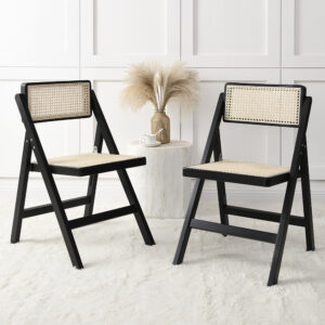 Frances Set of 2 Folding Cane Rattan Chairs, Black Colour
