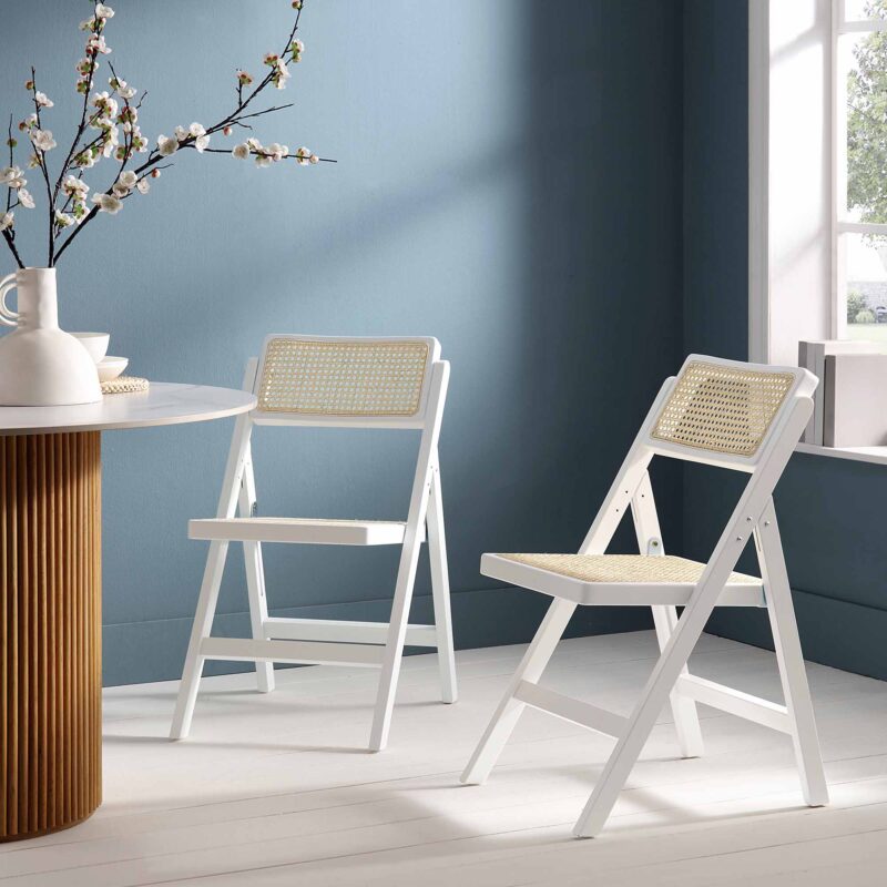Frances Set of 2 Folding Cane Rattan Chairs, White - Image 2