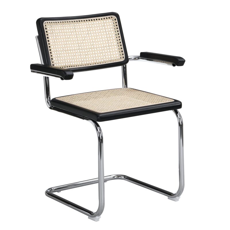Rayna Pair of 2 Solid Beech Dining Chairs with Armrests, Natural Cane & Chrome (Black) - Image 2